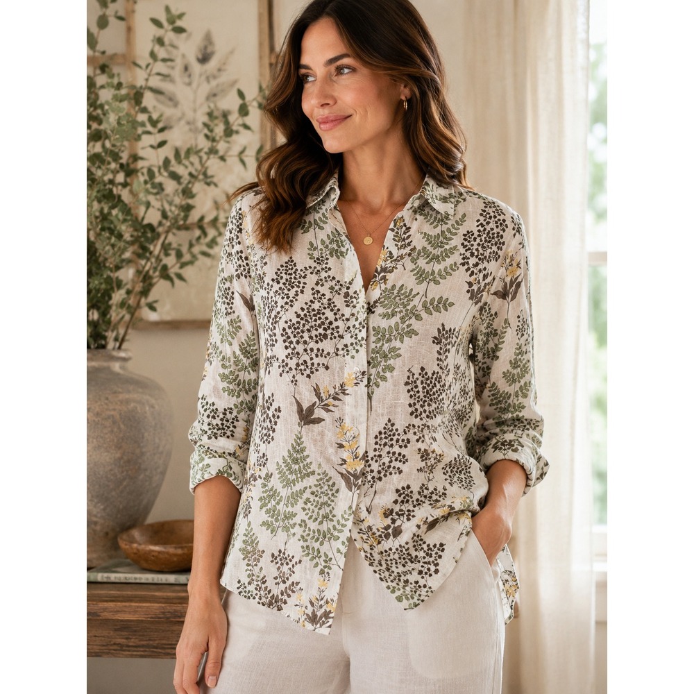 Cynthia Rowley L 100% Linen Floral Botanical Button Down Blouse Cottagecore Fall